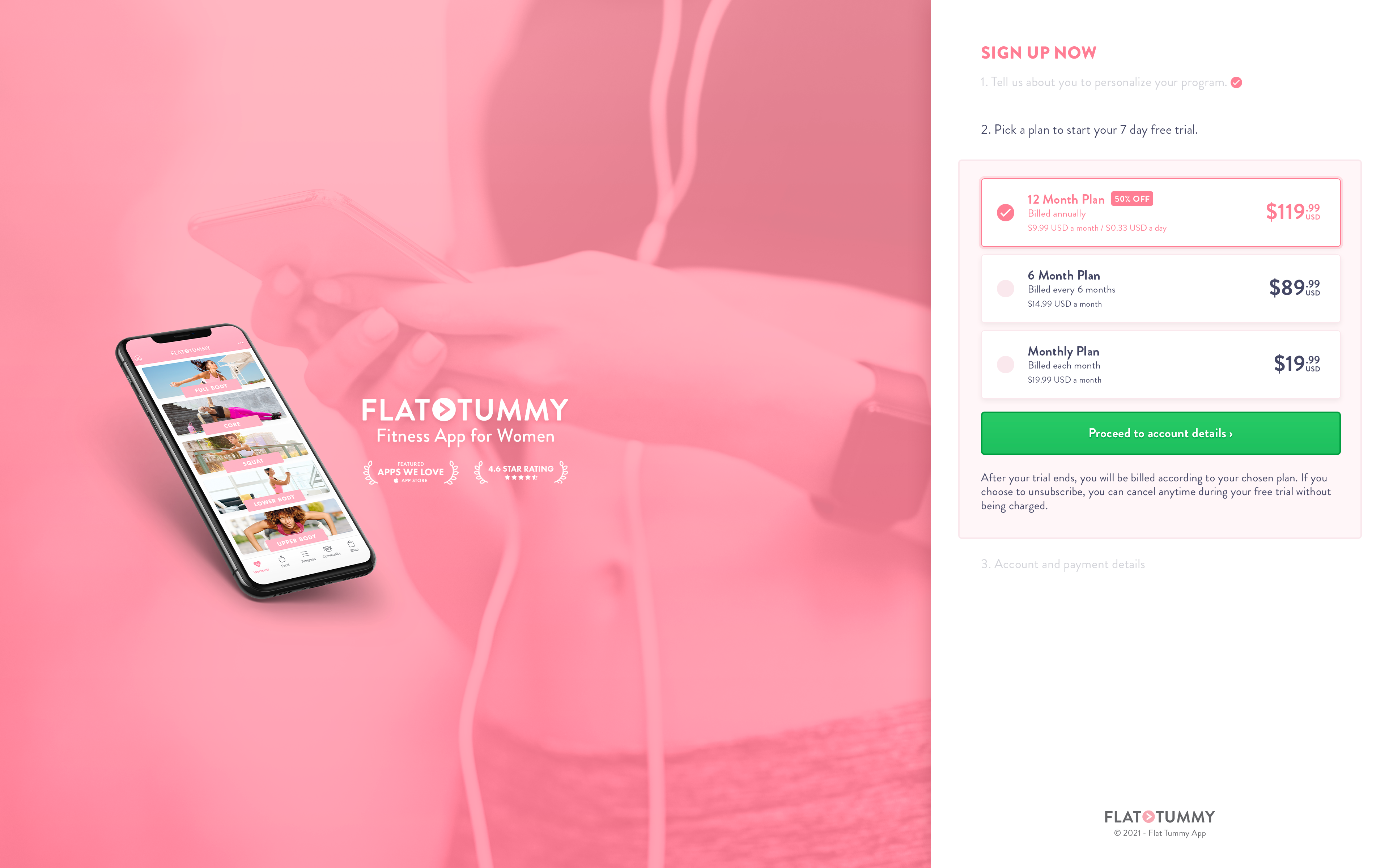 Desktop signup page, step 2 for Flat Tummy Fitness