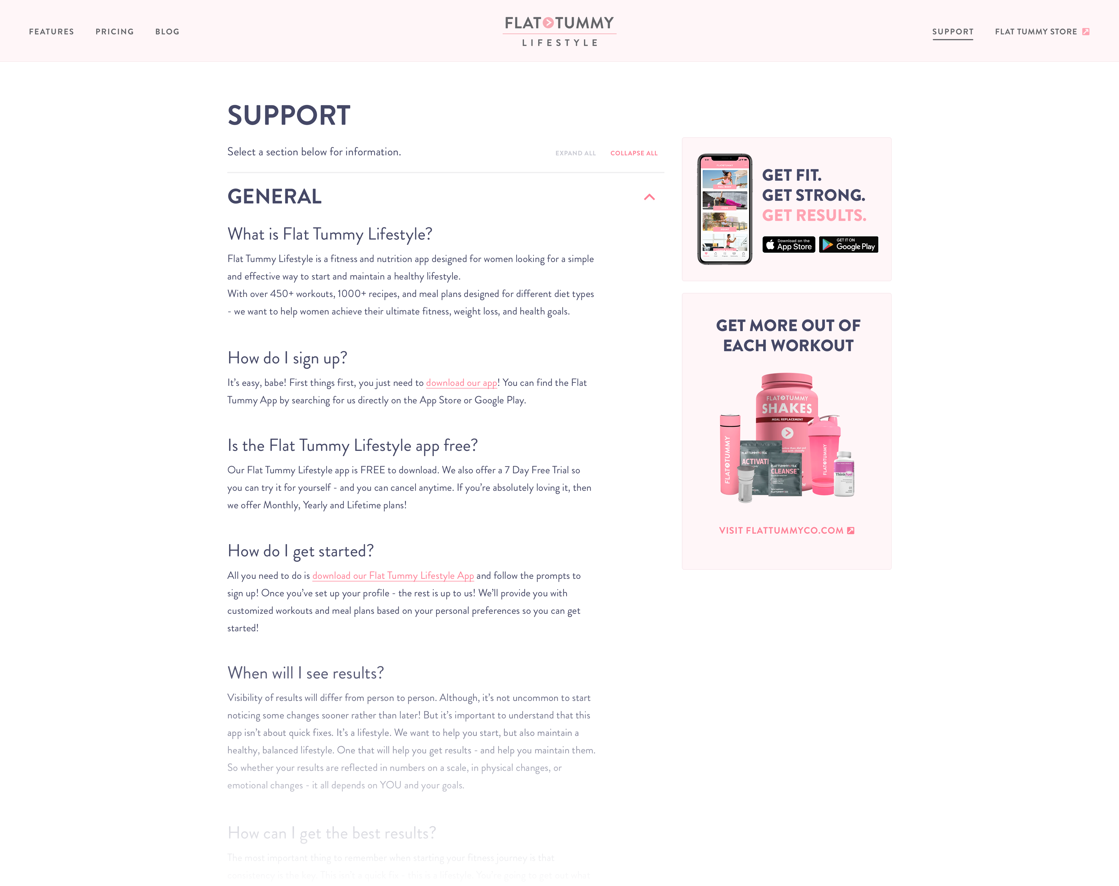 Flat Tummy website FAQ page on desktop