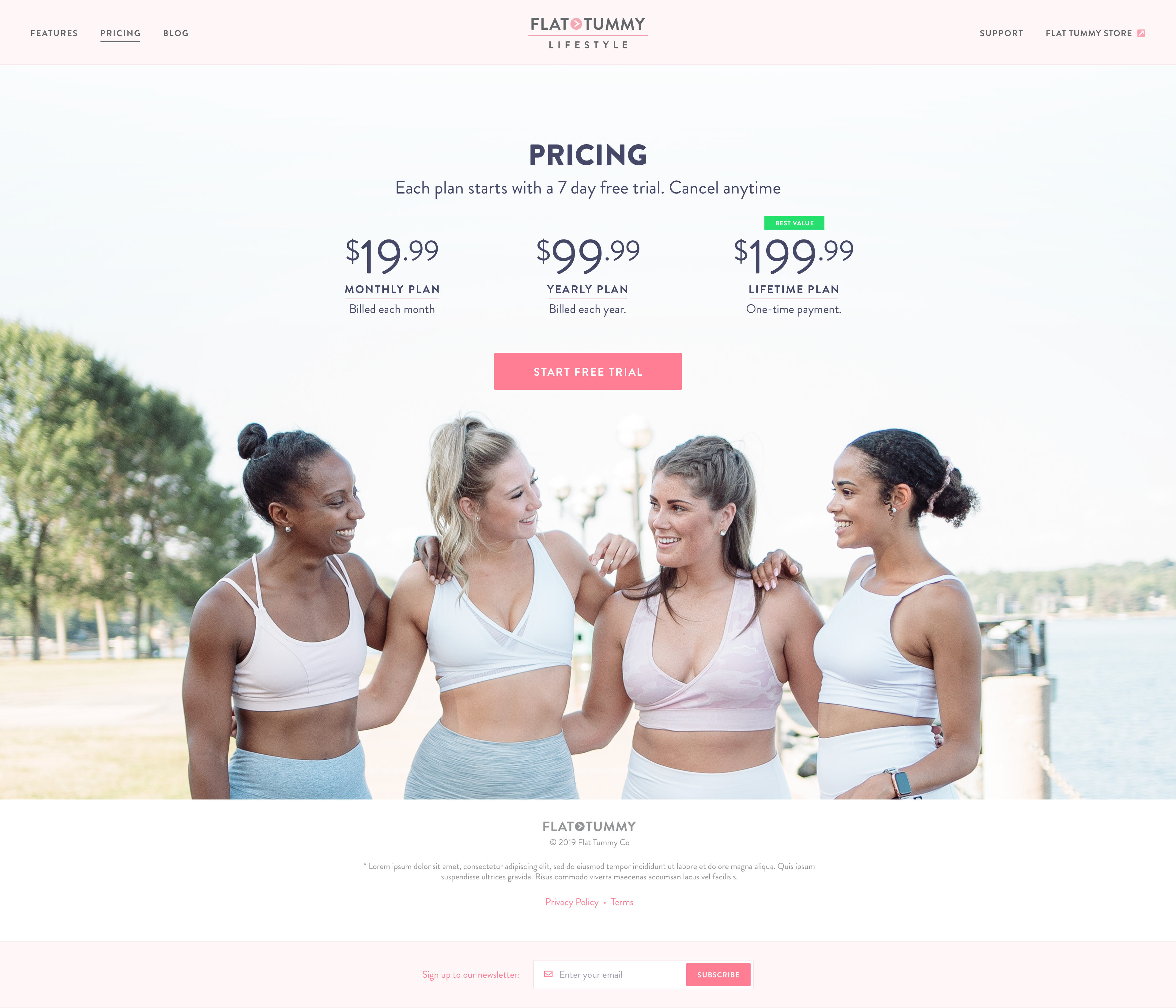 Flat Tummy website pricing page on desktop